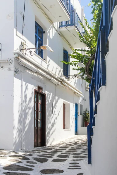 Typical street of whitewashed houses in  Chora, Mykonos, Greece