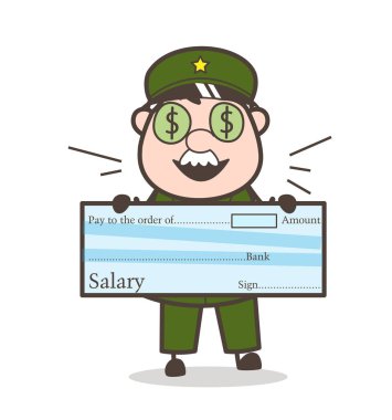 Cartoon Army Man Showing Salary Cheque Vector Illustration clipart