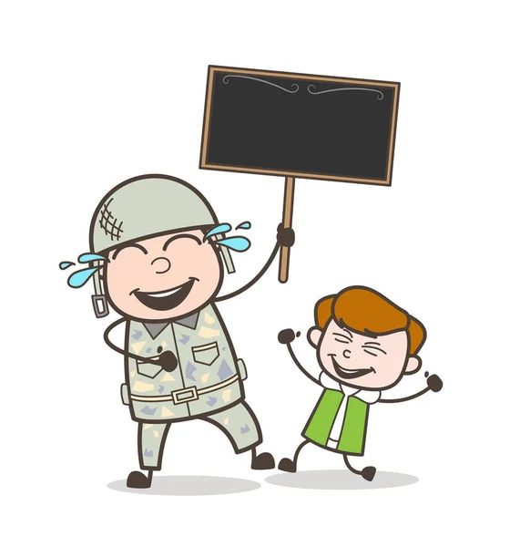 Feliz hombre del ejército sosteniendo una placa con ilustración de vectores para niños — Archivo Imágenes Vectoriales