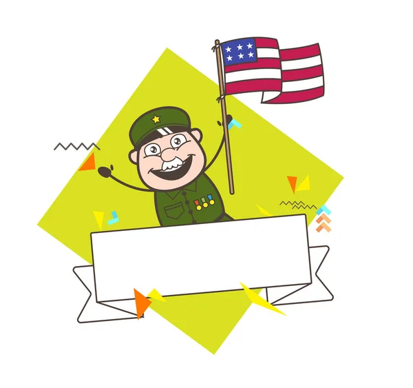 Ευτυχισμένος στρατού άνδρας με αμερικανική σημαία διανυσματικά εικονογράφηση — Διανυσματικό Αρχείο