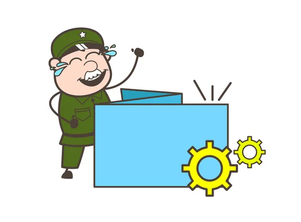 Kreslená armáda muž s procesu Banner vektorové ilustrace — Stockový vektor