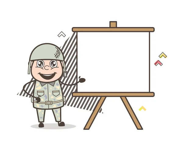 Desenhos animados exército homem mostrando tela em branco bordo vetor ilustração — Vetor de Stock