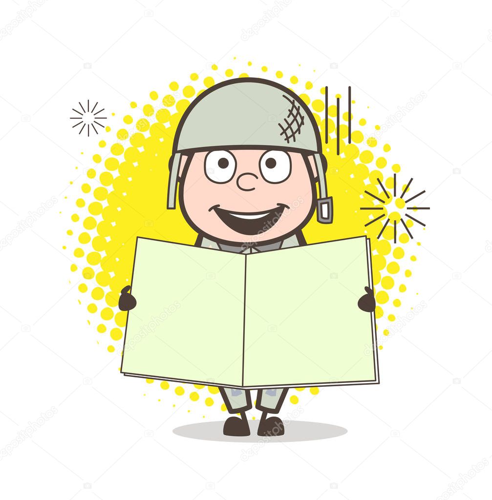 Cartoon Army Man Showing a Blank Notebook Vector Illustration