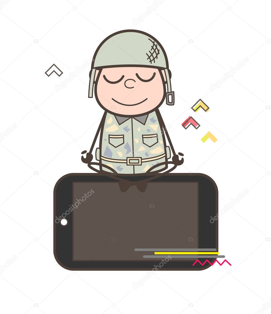 Cartoon Army Man Concentrating Over the Mobile Vector Illustration