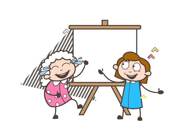 快乐卡通奶奶与孩子和画布主板矢量插图 — 图库矢量图片