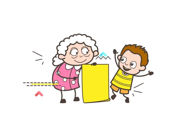 Cartoon Granny con nipote e messaggio banner vettoriale illustrazione — Vettoriale Stock