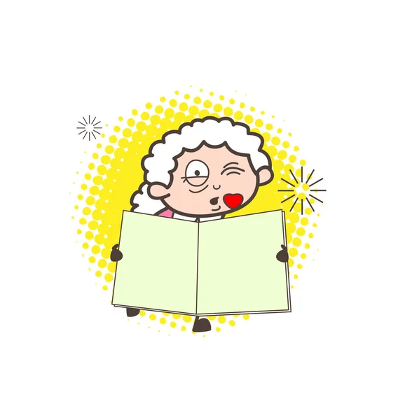 Romantický kreslený babička líbání a ukazuje kniha vektorové ilustrace — Stockový vektor