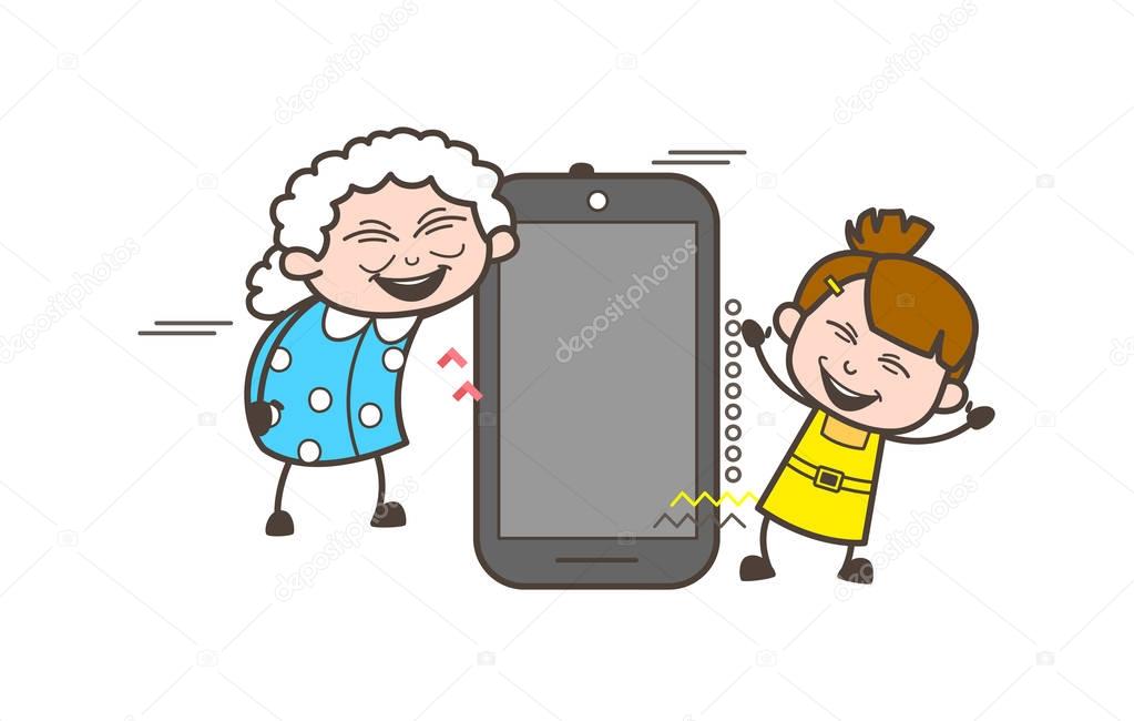 Cartoon Happy Granny with Little Girl and Smartphone Vector Illustration