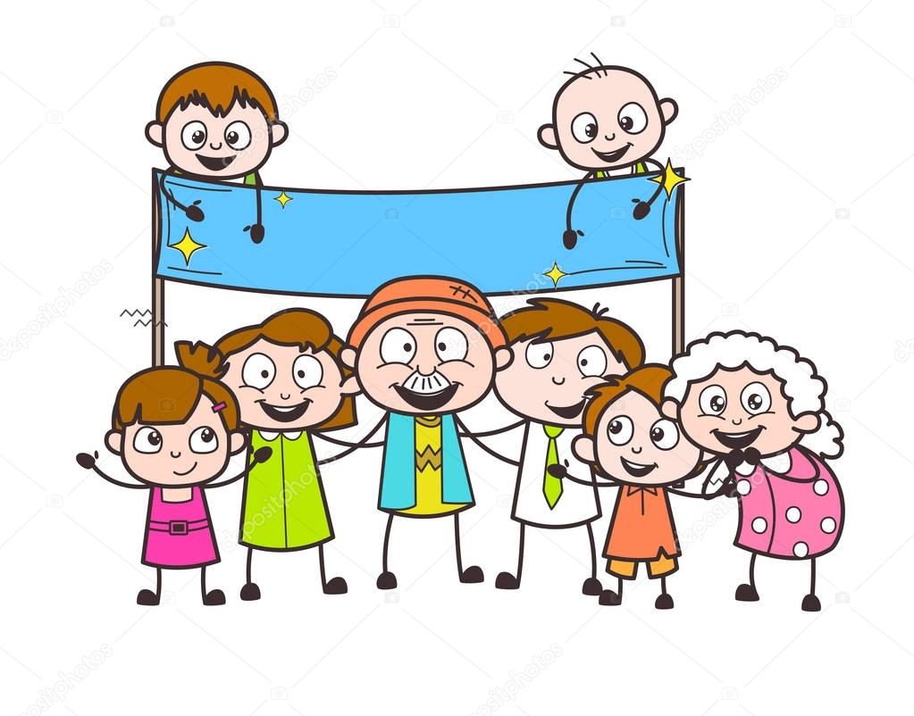 Cartoon Grandpa and Grandma with Grand Children and Banner Vector Illustration