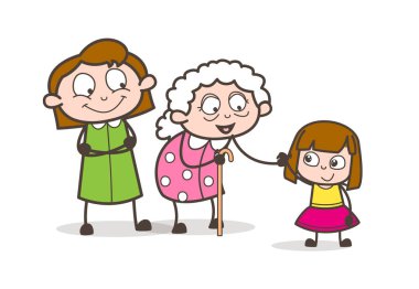 Kızı ve torunu vektör çizim ile çizgi film büyükanne