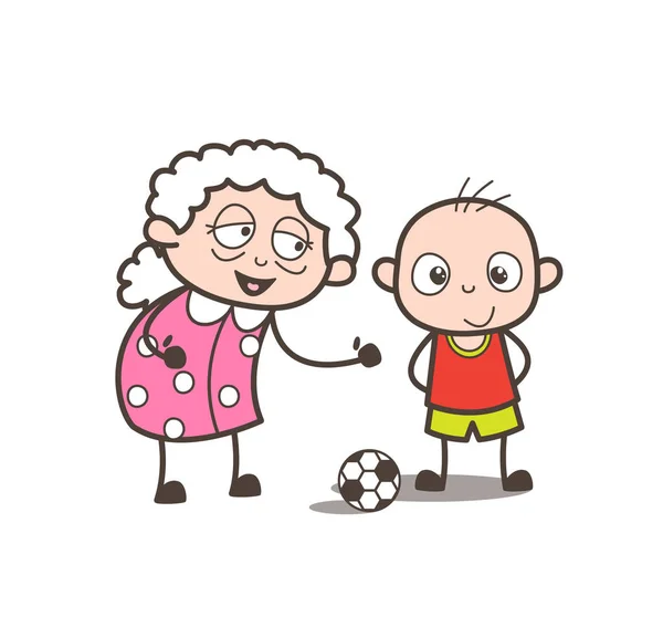 Granny dessin animé jouant au football avec petit-fils Illustration vectorielle — Image vectorielle