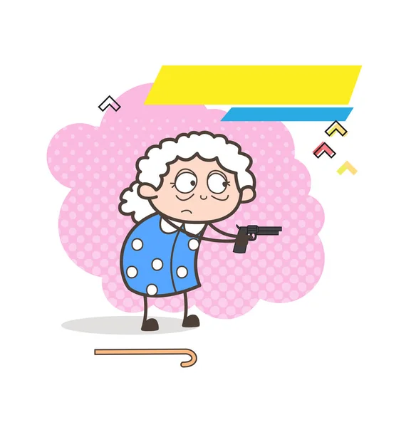 Cartoon Old Woman Showing Gun for Defense Vector Illustration — Stock Vector