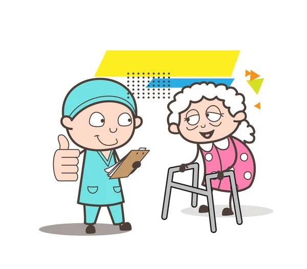 Chirurgien de bande dessinée montrant le bon rapport médical à l'illustration vectorielle de vieille femme — Image vectorielle