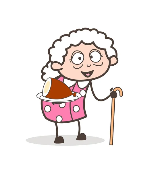 Cartoon Granny presentatie van varkensvlees in de schotel vectorillustratie — Stockvector