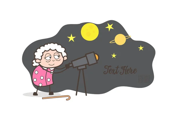 Dessin animé Granny regarder ciel étoilé à travers le télescope Illustration vectorielle — Image vectorielle