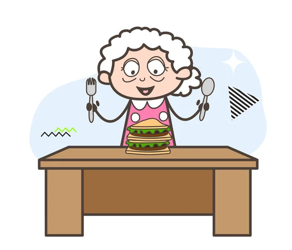 Cartoon hungrige Oma isst Fast-Food-Vektorillustration — Stockvektor