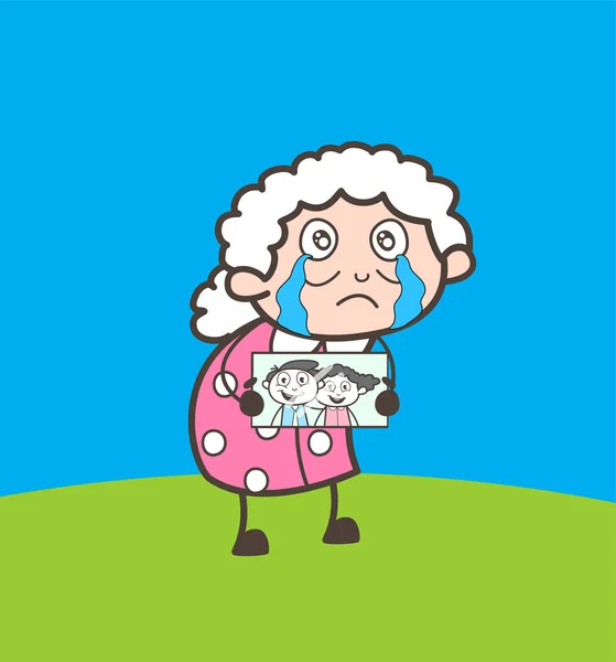 Cartoon Sad Granny Remembering and Crying for Their Grand Children Vector Illustration — Stock Vector