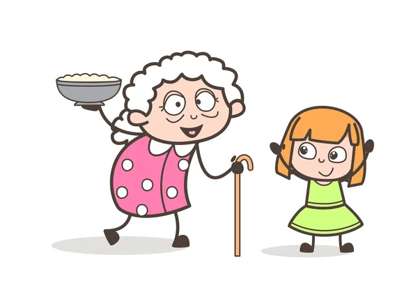 Cartoon Granny Presenting Dish to Her Granddaughter Vector Illustration — Stock Vector