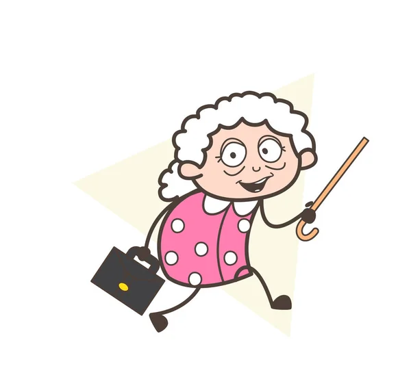 Cartoon Granny in esecuzione con valigia vettoriale illustrazione — Vettoriale Stock