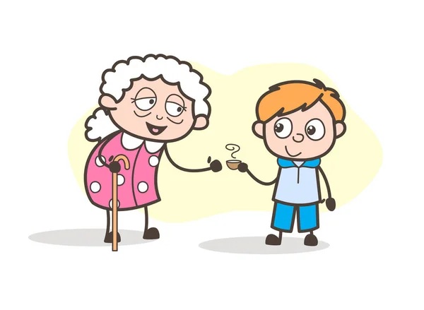 Cartoon kleinzoon hete thee presenteren aan zijn grootmoeder Vector Illustratie — Stockvector