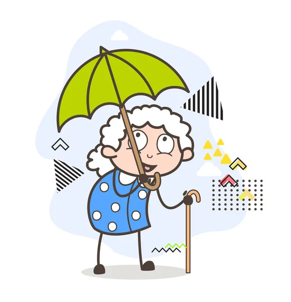 Cartoon Old Woman Having Fun in Rain Vector Illustration — Stock Vector