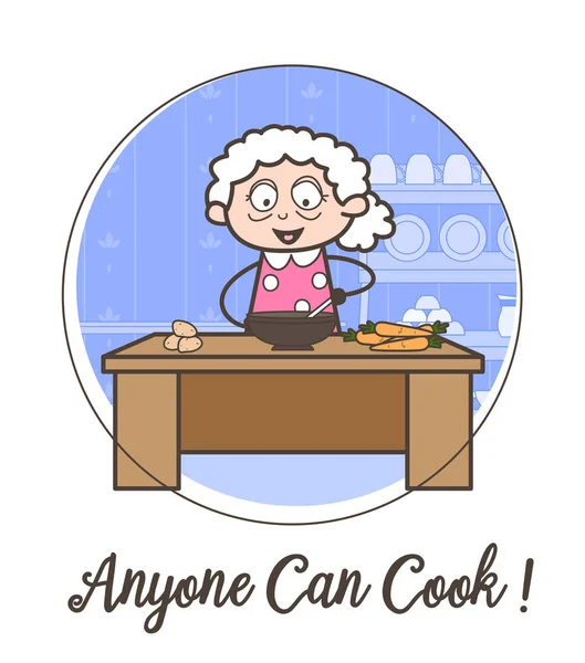 Cartoon glücklich Oma lernen Kochen Rezept Vektor Illustration — Stockvektor