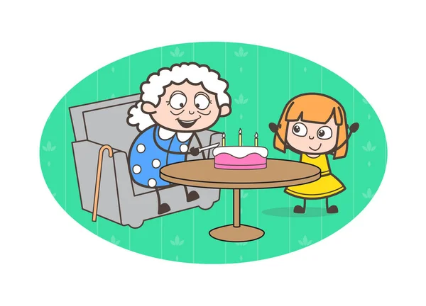 Dibujos Animados Abuela Celebrando el Cumpleaños con la Nieta Vector Illustration — Archivo Imágenes Vectoriales