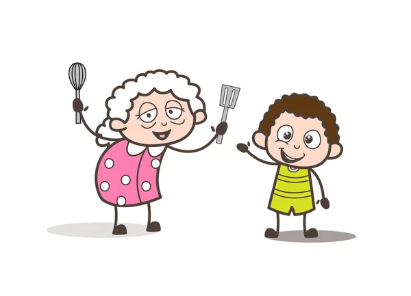 Γελοιογραφία αστεία γιαγιά παίζει με τον μικρό εγγονό εικονογράφηση διάνυσμα — Διανυσματικό Αρχείο