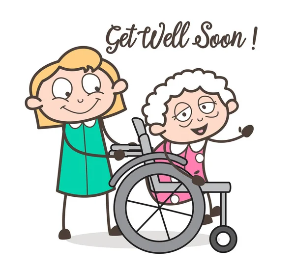 Cartoon Care Taker Nurse with Sick Granny Vector Illustration — Stock Vector