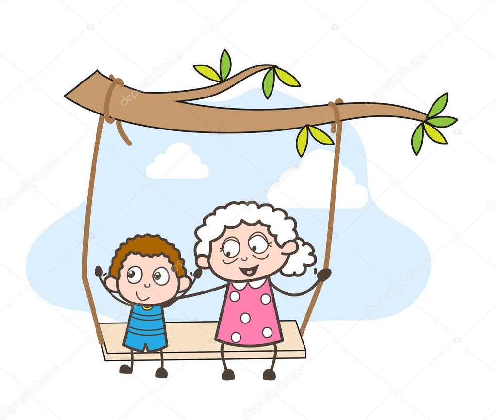 Cartoon Grandmother Swing with Grandson Vector Illustration