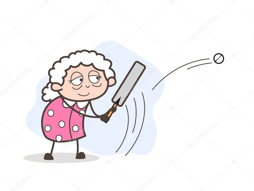 Cartoon Granny Playing Cricket Vector Illustration