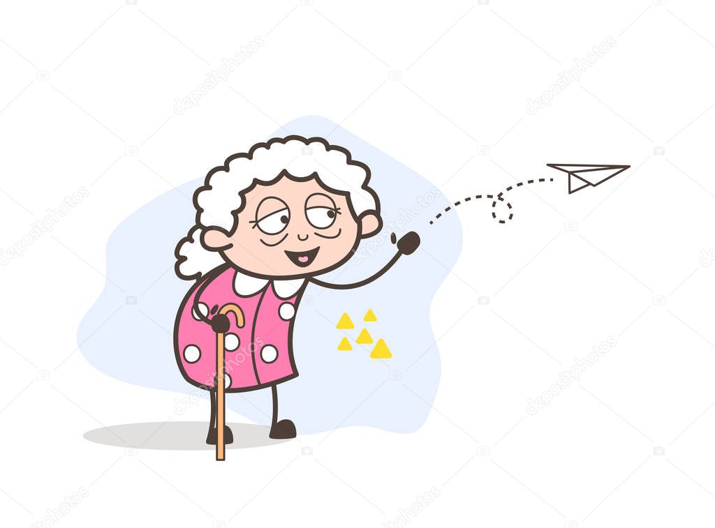 Cartoon Grandma Sending Message Through Paper Plane Vector Illustration