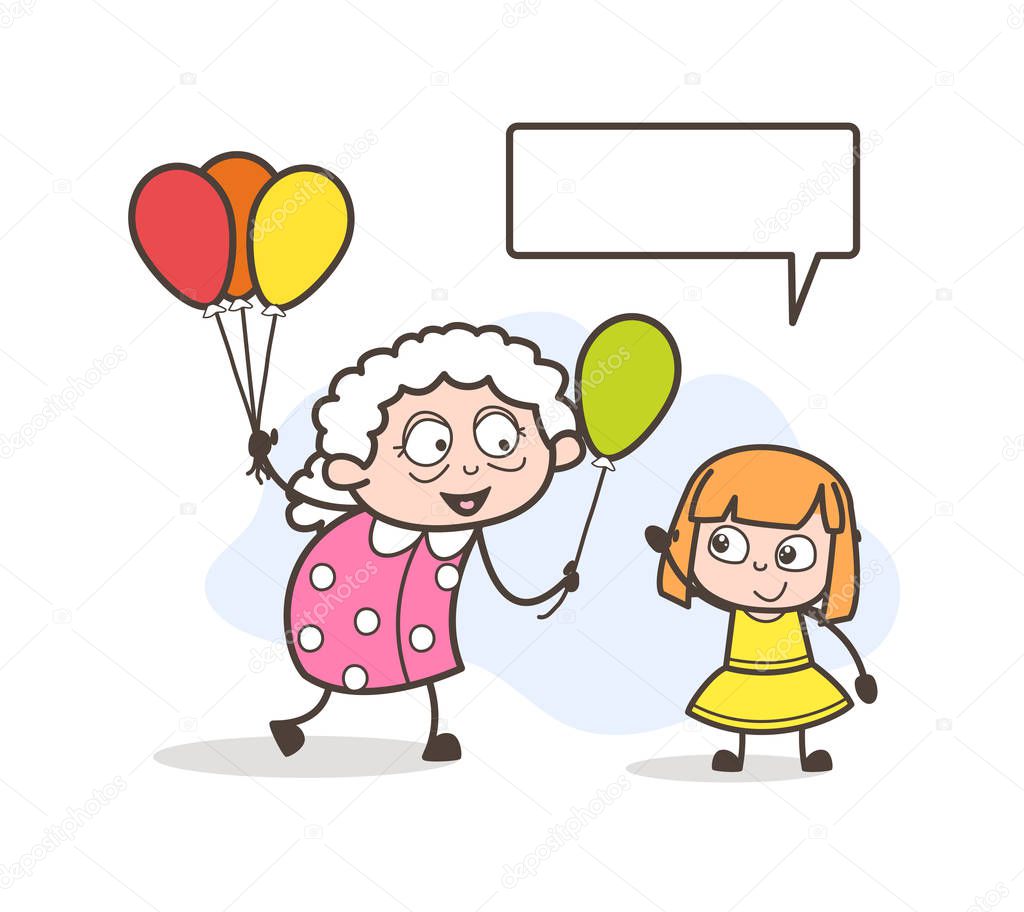 Cartoon Granny Playing with Orphanage Child Vector Illustration