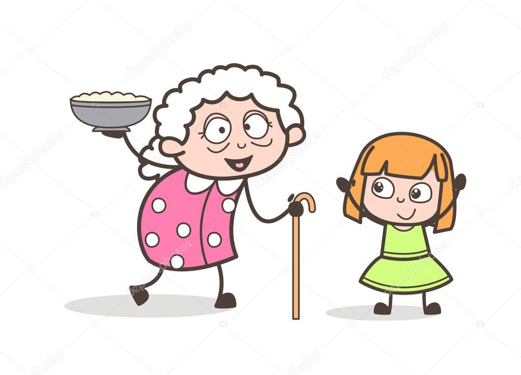 Cartoon Granny Presenting Dish to Her Granddaughter Vector Illustration