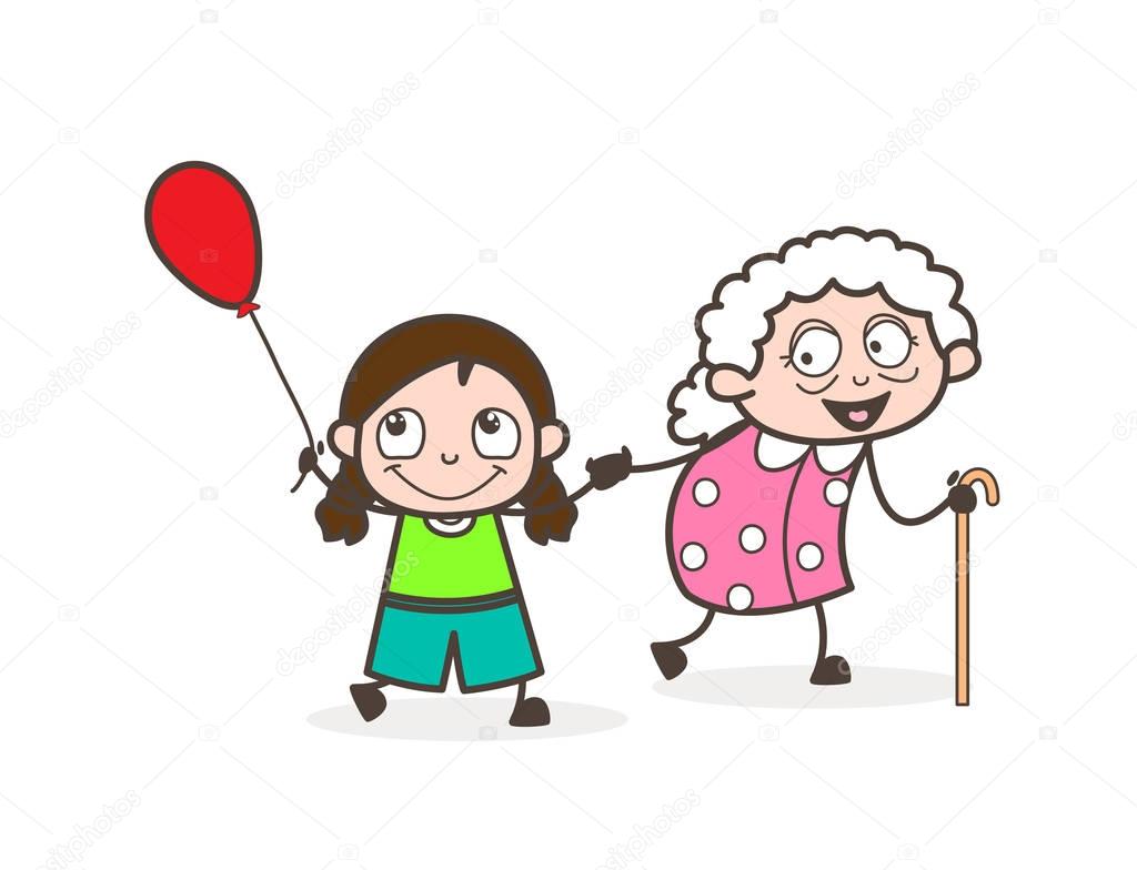 Cartoon Little Girl Playing with Grandmother Vector Illustration