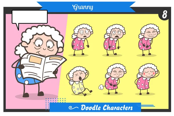 Jeu vectoriel d'expressions et de poses de visage de vieille dame de bande dessinée — Image vectorielle