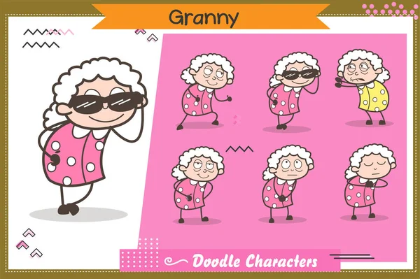 Cartoon Grandmother Various Expressions and Actions Set Vector Illustration — Stock Vector