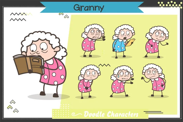 Personajes de la vieja dama de dibujos animados muchas expresiones y posturas Set Vector Ilustración — Vector de stock