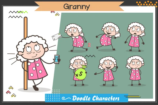 Dibujos Animados Abuela Varias Expresiones y Poses Vector Set — Archivo Imágenes Vectoriales