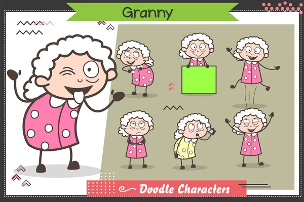 Personnage de mamie drôle de bande dessinée de nombreuses expressions et poses ensemble vectoriel — Image vectorielle