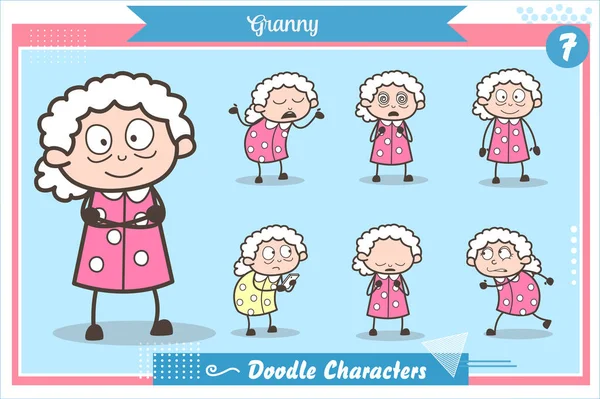 Cartoon Old Grandma Caractère Expressions et Actions Ensemble vectoriel — Image vectorielle