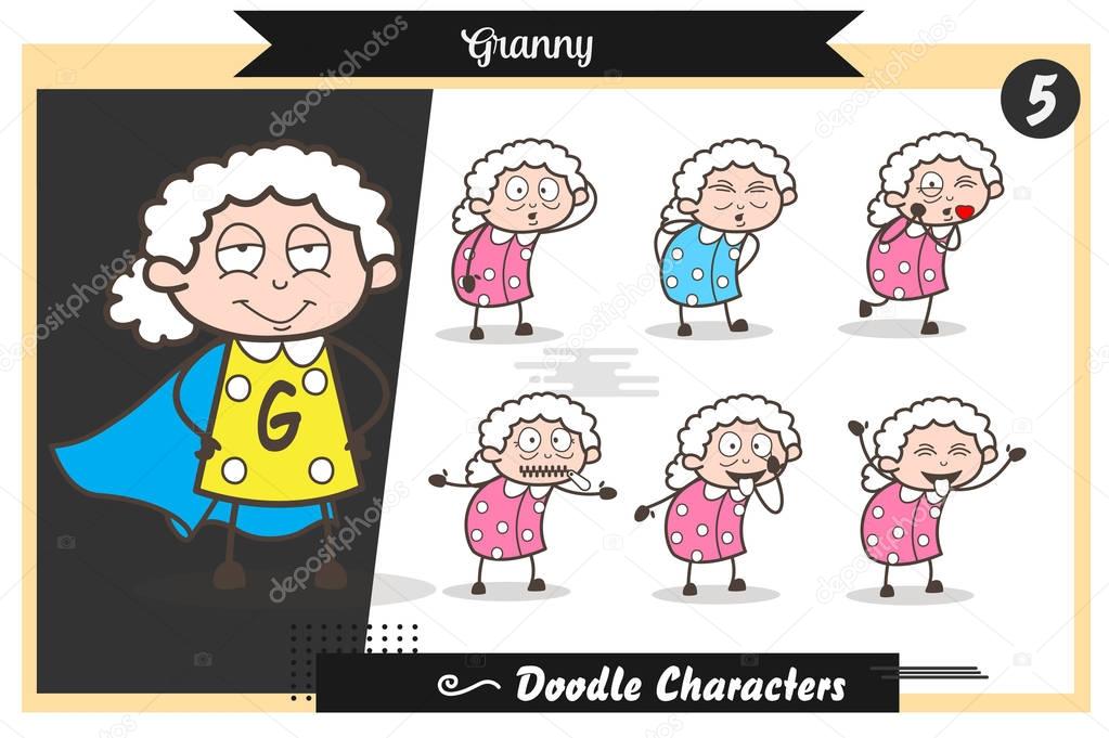 Cartoon Funny Grandma Actions, Poses and Expressions Vector Set