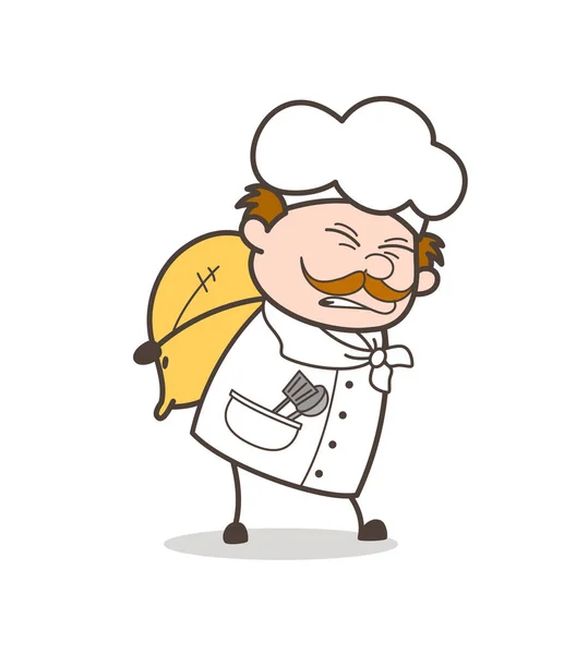 Caricatura viejo chef tener un montón de carga — Vector de stock