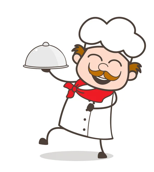 Illustrazione vettoriale allegra dei piatti dello chef del fumetto che tiene — Vettoriale Stock