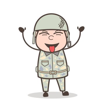 Karikatür komik ordu adam gülüyor ve dil vektör çizim alay