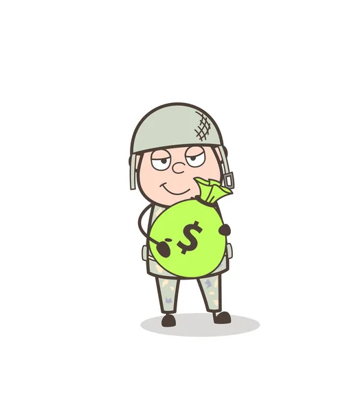 Dibujos animados Ejército Hombre sosteniendo una bolsa de dinero Vector ilustración — Archivo Imágenes Vectoriales