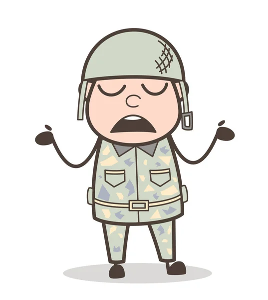 Hombre del ejército de dibujos animados que se comporta como si no supiera nada ilustración vectorial — Vector de stock