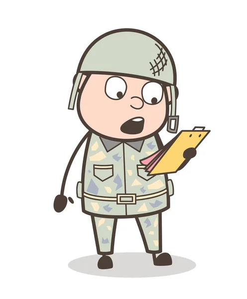 Hombre del ejército de dibujos animados sorprendido después de leer notas Vector Ilustración — Vector de stock