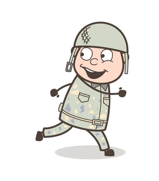 Dibujos animados Feliz Ejército Guy Ejecutar Pose Vector Ilustración — Vector de stock