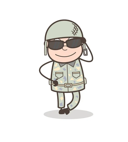 Cartoon moderne legerofficier draagt zonnebril Vector Illustratie — Stockvector